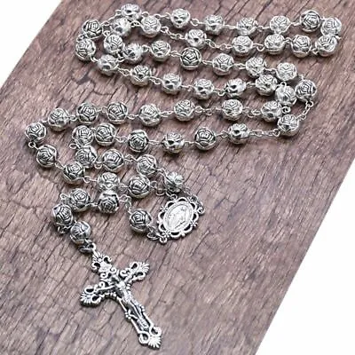 HOT Lady Of Grace Mary Jesus Crucifix Cross Rose Flower Beads Rosary Necklace A+ • £4.55