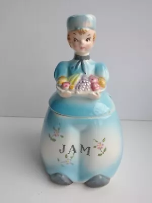Vintage Ceramic Jam Pot Lady Figurine Wearing A Blue Skirt Pre-owned • £0.99