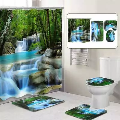 1/4PCS 3D Waterfall Shower Curtain With Non-Slip Rug Toilet Lid Cover Bath Mat • $8.79