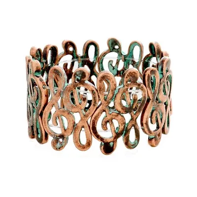 Music Clef Bracelet Worn Copper-Tone Patina Accents Wide Stretch Bangle 1 1/2” • $13.99