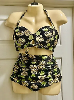 UNIQUE VINTAGE Swimsuit 2 Piece  Halter Top High Ruched Bottom  Pineapple Large • $16.99