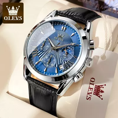 Moon Phase Chronograph OLEVS Men Watch Luminous Quartz 3Bar Luxury Leather Strap • $35.99