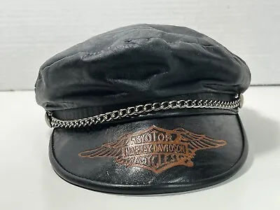 Vintage 70’s Harley Davidson Fitted Leather Captain Cap Hat Men’s Black Strap • $60