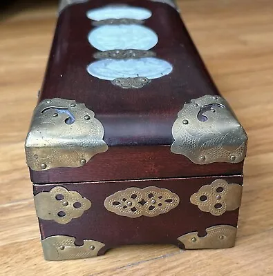 Vintage Chinese Jewelry Box Oriental Wood With Brass And Jade Design • $29.99