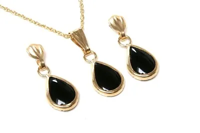 9ct Gold Black Onyx Teardrop Pendant Necklace And Earring Set With FREE Gift Box • £80.99