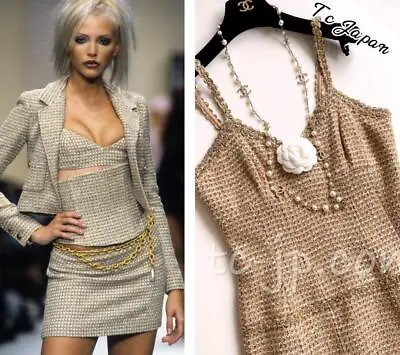 $6600 CHANEL 94S Vintage Super Model Gold Metallic Beige Tweed Dress 38 US6 • $1640