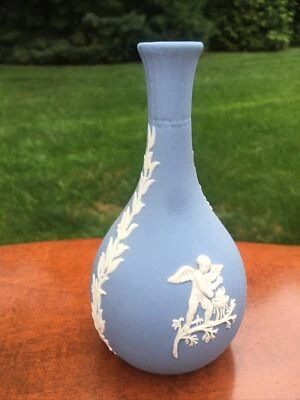 $10 • Buy Vintage Wedgewood Blue Jasperware Bud Vase With Cherubs 5.5  Tall