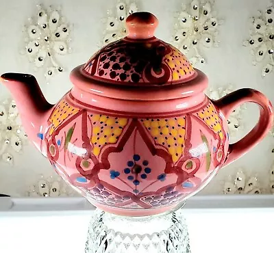 Le Souk Tunisia Hand Painted Pink Wine Ceramic Teapot With Locking Lid RARE • $64.95