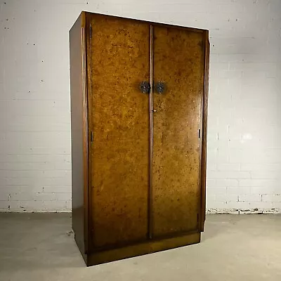 Vintage Deco 1930s Burr Walnut Gentleman’s Wardrobe With Fitted Interior And Key • £995