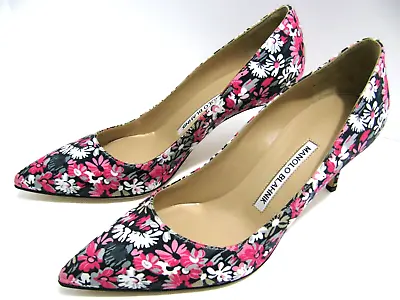 MANOLO BLAHNIK Womens 37.5 US 7.5 Heels Pink Floral Fabric Italian Shoe New $695 • $395