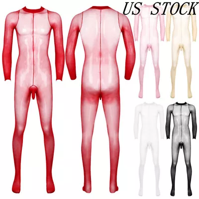 US Men's Full Bodystockings See Through Mesh Jumpsuit Nightwear Sheer Bodysuits • $9.19