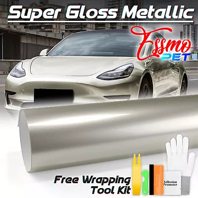 ESSMO PET Super Gloss Metallic Platinum Silver Car Vinyl Wrap Decal Like Paint • $13