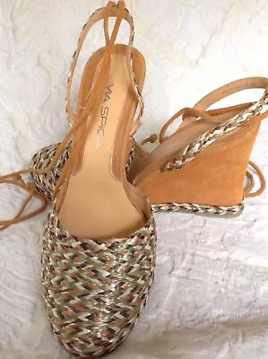 Via Spiga Suede & Raffia Wedge Slingback Sandal Ankle Tie Sz 8 ½ M Nwob • $59.99