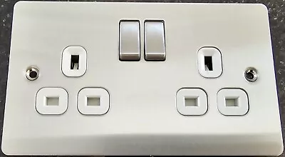 LAP 13A 2gang DP Switched Plug Socket - Brush Stainless Steel With White Inserts • £8.95