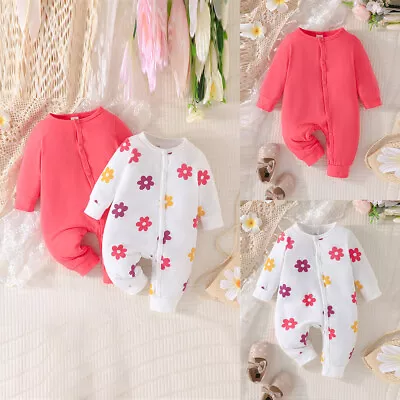 Newborn Baby Girls Floral Tracksuit Long Sleeve Jumpsuit Overall Romper Bodysuit • £3.99