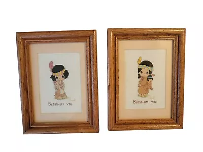 2 Framed Counted Cross Stitch Precious Moments Completed Native American 8×6 • $16.14