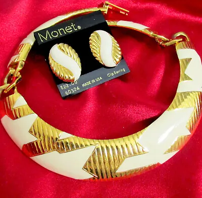 Vtg Runway Monet Cream White Enamel Deco Modernist Gp Necklace Earrings Set Exc • $146.99