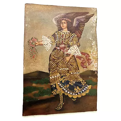 Vintage Cuzco School Oil Painting W Gold Gilt Angel #2 Of 3 NO Reserve • $9.99