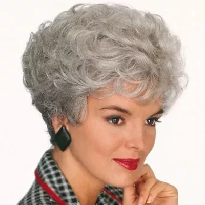 Old Lady Short Gray Synthetic Curly Wavy Cosplay Natural Full Hair Wig Costume • $12.99