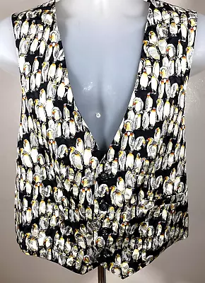 Vtg Nicole Miller Vest Women’s Large Silk 1994 Penguin Animal Button Deep V P4 • $26.50