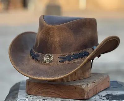 Men's Real Leather Australian Western Cowboy Style Tan Crazy Horse Bush Hat • £23.75