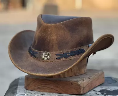 £23.90 • Buy Men's Real Leather Australian Western Cowboy Style Tan Crazy Horse Bush Hat