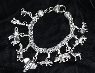 Wild Animals Charm Bracelet Silver Pewter Charms 8  Safari Elephants Monkey Lion • $15.99