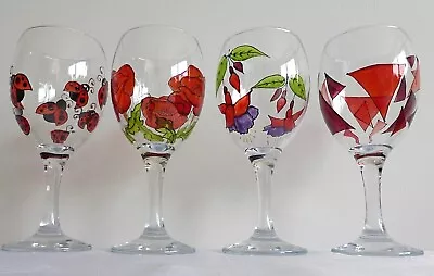 4 X Hand Painted Fuchsia Poppy Mosaic Ladybird Flowers Red Wine Glasses Gardener • £23.95