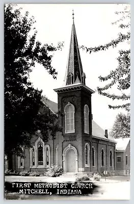 Mitchell Indiana~Corner Steeple On Short Tower~1st Methodist Church RPPC 1959 • $12