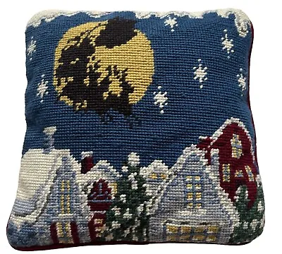 $14.99 • Buy Vintage Wool Needlepoint Christmas Throw Pillow Santa’s Sleigh Housetops Velvet