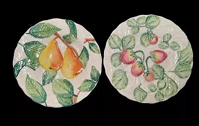 Majolica Fruit Decorated Salad Plates 8” Embossed Pear Strawberry (2) • $14