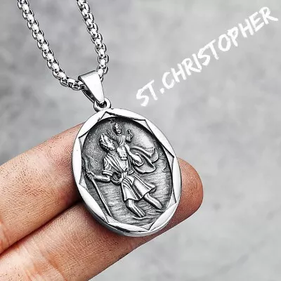 St Christopher Pendant Necklace Retro Inscription 316L Stainless Steel Men Chain • £10.61