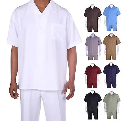 Men's 2pc Walking Suit Short Sleeve Casual Shirt & Pants Set Solid Color 2954 • $44.99