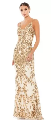 Mac Duggal Gown Dress Womens Size 6 Gold Sequin V Neck Leaf Pattern 5107 $498 • $135.99