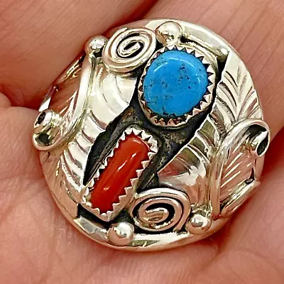 Navajo Men's Nugget Turquoise Coral Ring Size 10.5 Sterling Signed Lorena Brown • $79.94