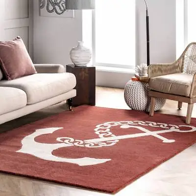 Nautical Anchor Rust Hand-Tufted 100% Wool Soft Area Rug Carpet • £246.76