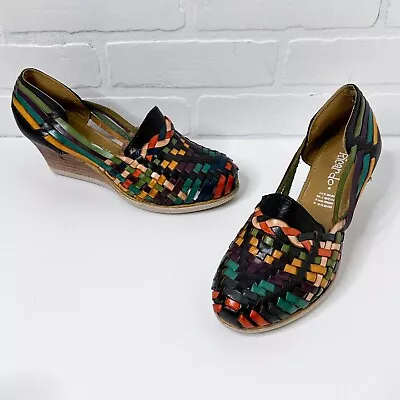 Ricardo Huaraches Wedge Heels Colorful Rainbow Woven Leather Made In Mexico Sz 8 • £22.07