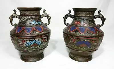 £69.99 • Buy Antique Japanese Bronze Cloisonne Vase Pair C1920