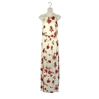Lush Red Floral Ivory High Neck Long Maxi Dress With Side Slit S • $29.95