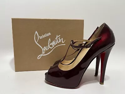 Christian Louboutin Dark Red Patent Leather T Strap ‘burlina’ Heels 37 • $330