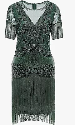 Women Dress SZ Medium Green V Neck Beaded Fringed 1920s Great Gatsby Party NWT • $14.99