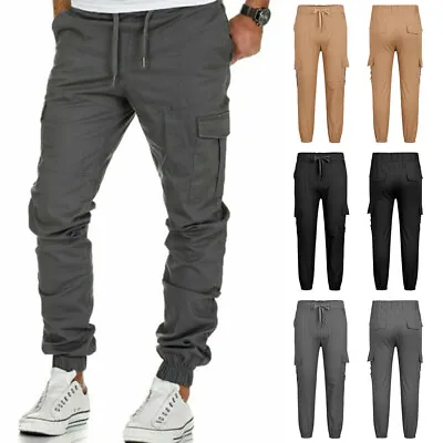 Mens Elasticated Waist Cargo Combat Work Trousers Pocket Cuffed Joggers Pants UK • £14.59