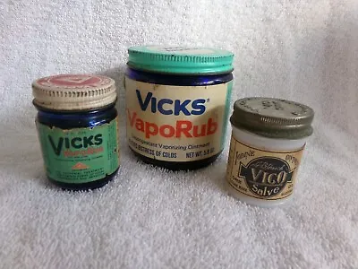 2 Vtg. Vicks Vapo Rub Cobalt Blue Bottles Original Labels & AB Hirsch Vico Salve • $19.85