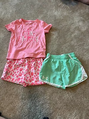 $6 • Buy UNDER ARMOUR Girl's Shirt And Shorts Outfit, 2-piece Set Size 5 5T Pink Green