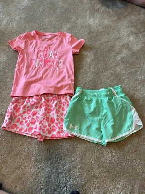 $6 • Buy UNDER ARMOUR Girl's Shirt And Shorts Outfit, 2-piece Set Size 5 5T Pink Green