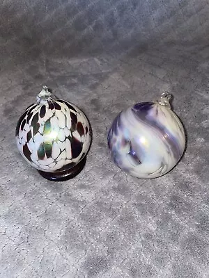 VTG Hand Blown Art Glass Ball Christmas Ornament Orb 4  Peacock & Purple White • $28.99