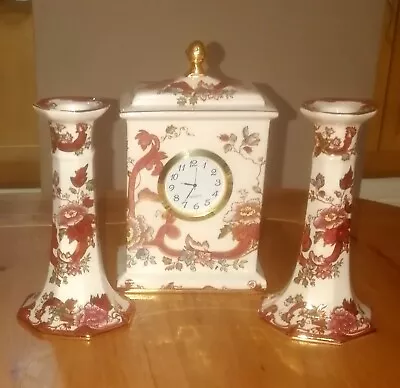 Mason's Mandalay Red Ceramic Clock & Pair Of Candlesticks - 8 & 6 1/2 Inch Tall • £49.99