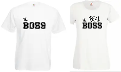 Funny Matching Couples T Shirts The Boss The Real Boss White Black Grey Multi Uk • $11.70