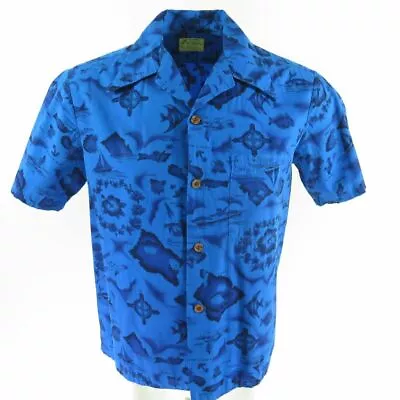 Vintage 60s Ui Maikai Hawaiian Camp Shirt Mens M Blue Island Map Button Front • $74.96