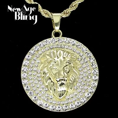 Mighty Lion Mens Iced Cz Round Pendant 24  Rope Chain 14k Gold Plated Hip Hop  • $11.99